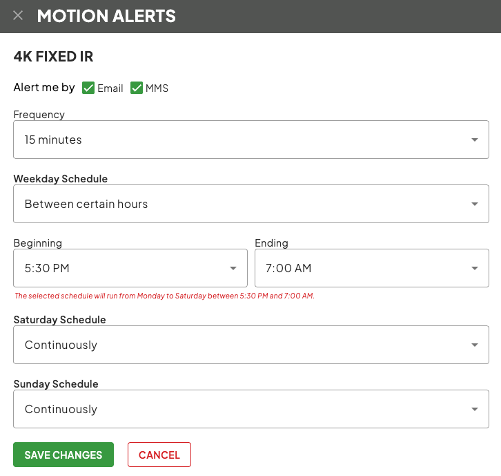 Motion Alerts window